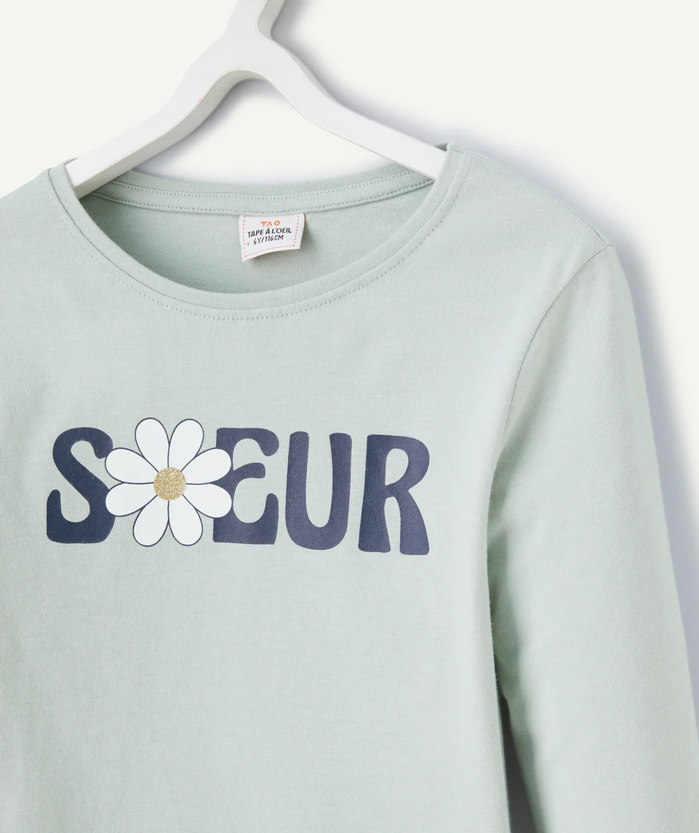 T-SHIRT MANCHES LONGUES FILLE EN COTON BIOLOGIQUE VERT AVEC MOTIF SOEUR FLEURI