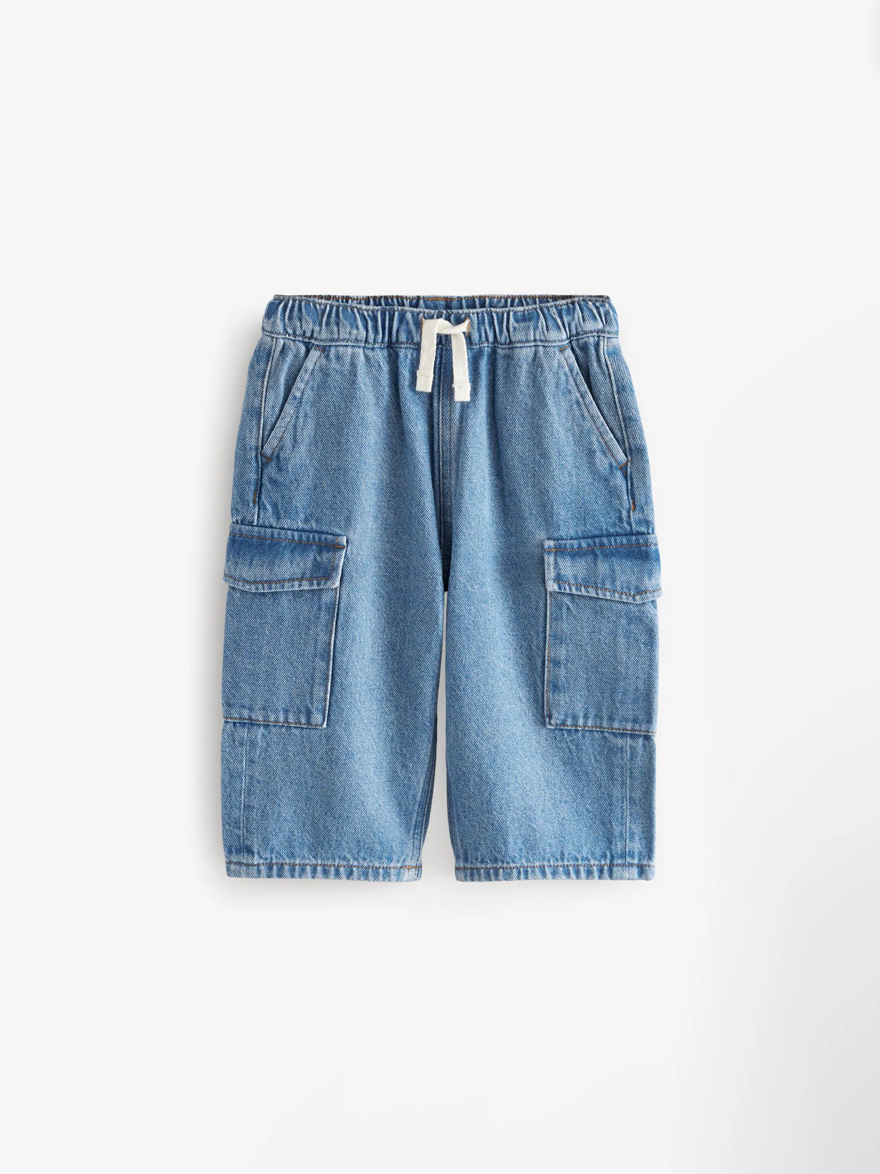 Middenblauw denim - 100% katoenen cargobroek met wijde pijpen en elastische taille (3mnd-7jr)
