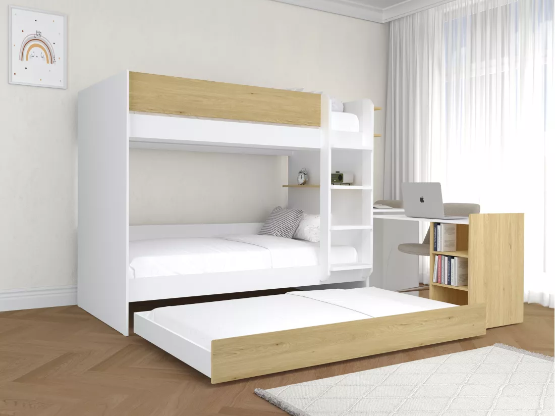 Lit superposé avec tiroir lit gigogne et 2 bureaux 3 x 90 x 190 cm - Coloris : Blanc et naturel - DOMATI