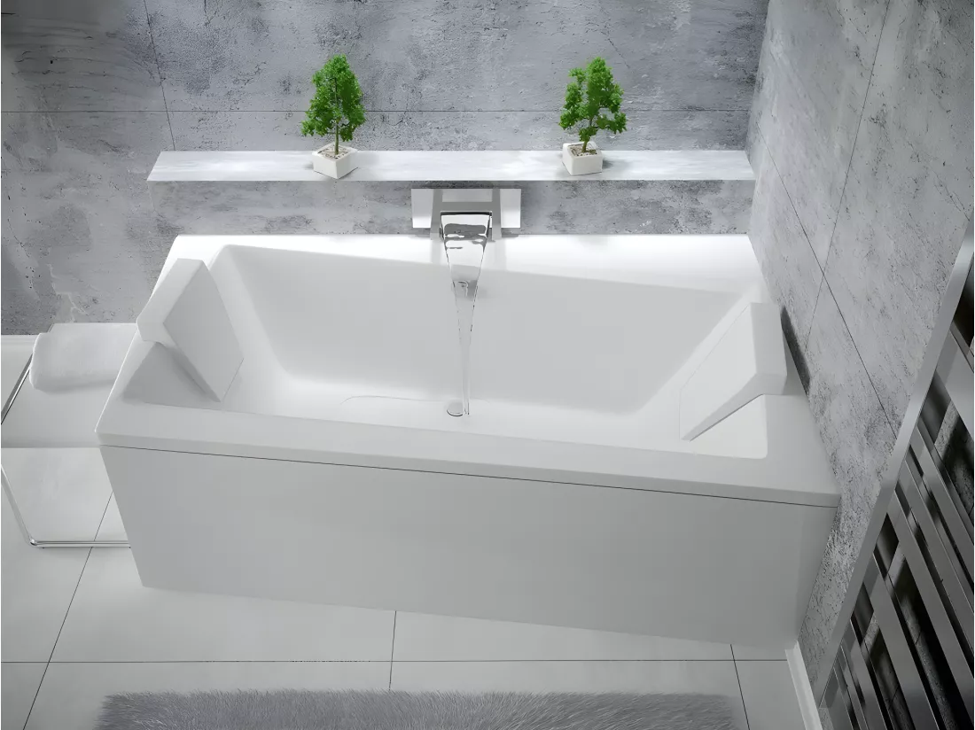 Baignoire asymétrique + tablier blanc + repose tête - INFINITY - 160 x 100 cm - Droite