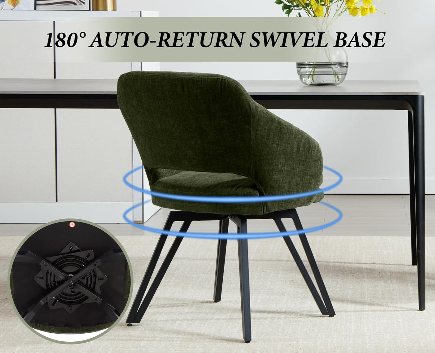 Esszimmerstühle 2er Set Drehstuhl mit Armlehnen Küchenstühle mit Metallgestell, Chenille, Grün