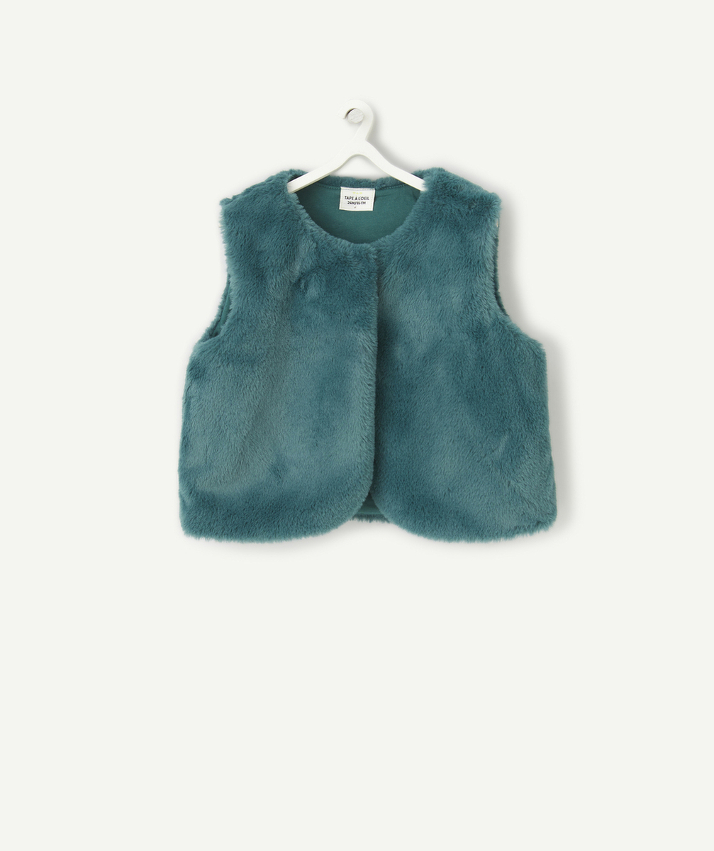 CARDIGAN SANS MANCHES BÉBÉ FILLE EN REMBOURRAGE RECYCLÉ ET IMITATION FOURRURE VERTE