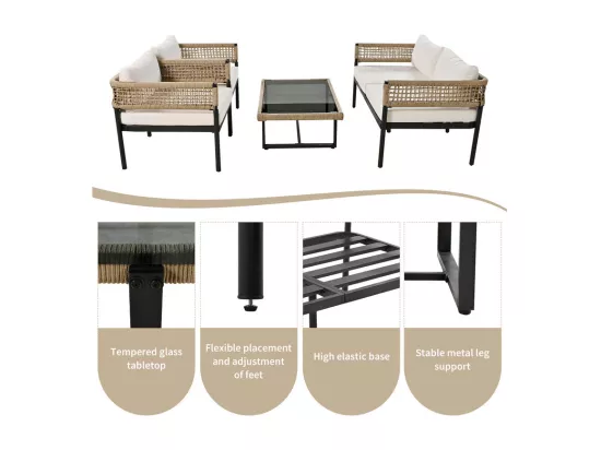 Salon de jardin modulable en Acier galvanisé et décoré de corde - 4 places - 1 canapé、2 fauteuils et 1 table basse - Beige