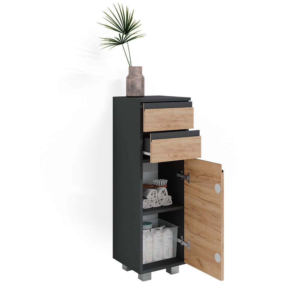 Vicco Midischrank Badschrank Badezimmermöbel J-shape Anthrazit Eiche modern 30x95cm Badezimmer Schrank Badmöbel Schranktür Schrankschublade Schrankfach Ablage Aufbewahrung