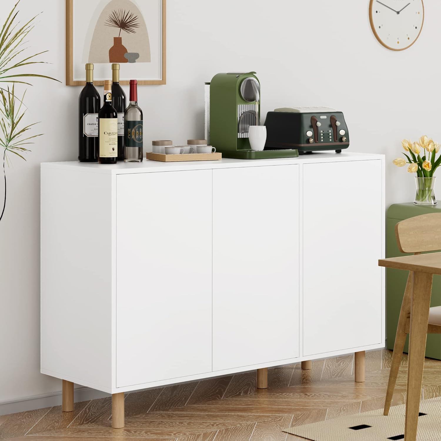 FirFurd Sideboard, Kommode weiß, Küchenschrank mit 3 Türen, griffloses Design, verstellbare Regale, 107x40x80cm(BxTxH)