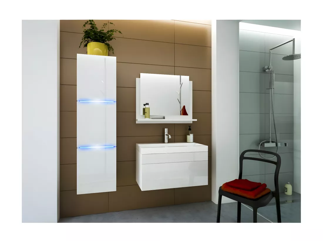 Colonne de salle de bain suspendu, collection RAVEN, coloris blanc mat et blanc brillant, idéal pour une salle de bain design