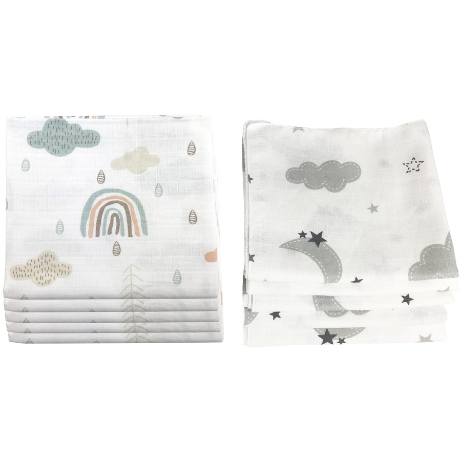 M.M.C. Mullwindel 10 PACK Spucktücher 80x70 cm Mulltücher Wolken (5 Grau, 5 Grün)
