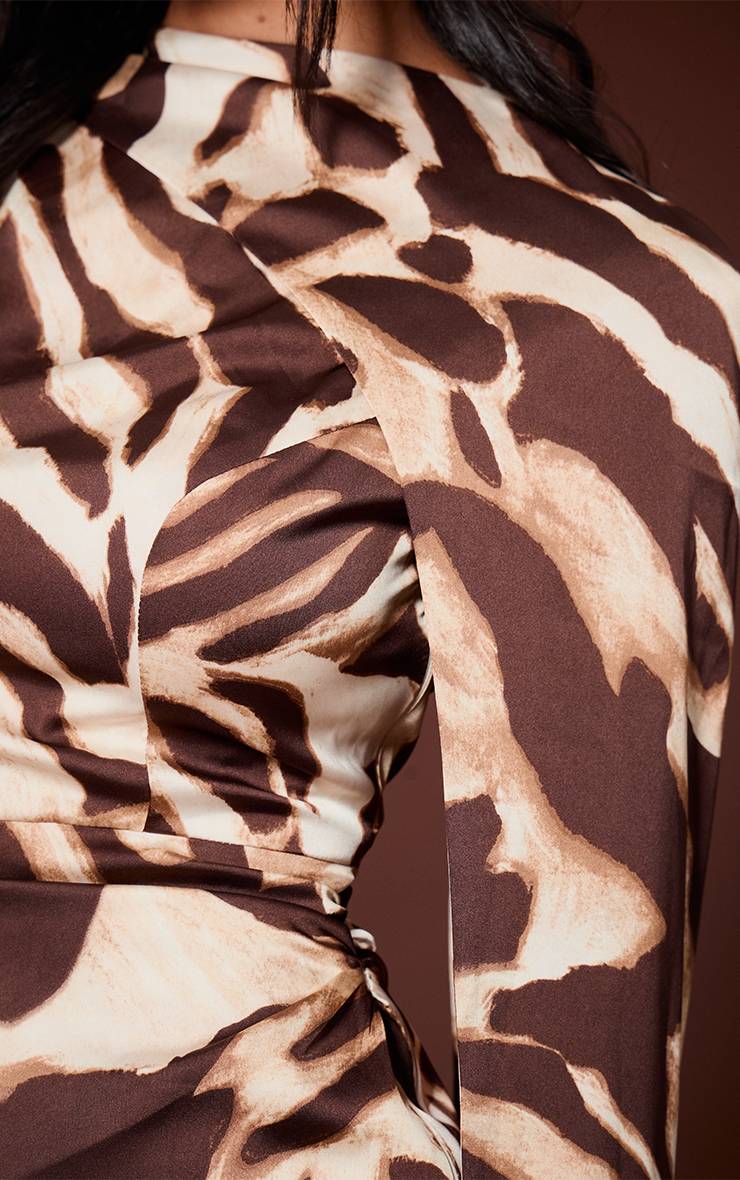 Marron Robe Moulante Mini À Imprimé Zèbre Avec Détail Drapé