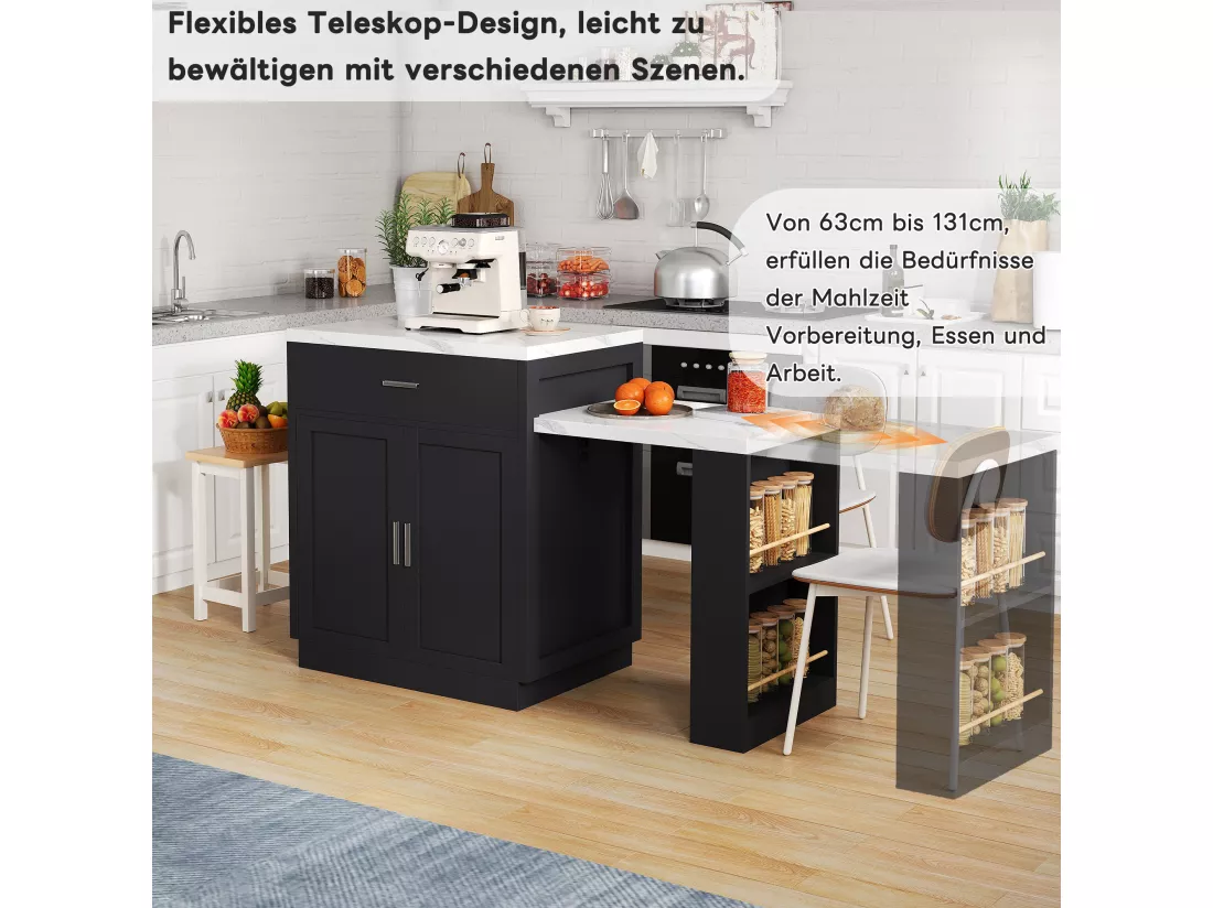 Ilot central de cuisine mobile avec 2 tiroirs, 2 portes et étagères de rangement - 211x55x89.5 cm - MDF - Noir + blanc