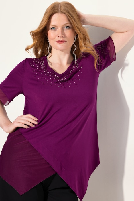 Bluse, Layering-Look, Mesh/Jersey, Zipfelsaum
