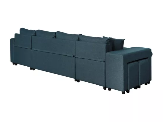 Canapé d'angle panoramique Oslo convertible avec coffres et poufs à gauche - Tissu - Bleu pétrole - L311 x P146 x H81cm - Loungitude