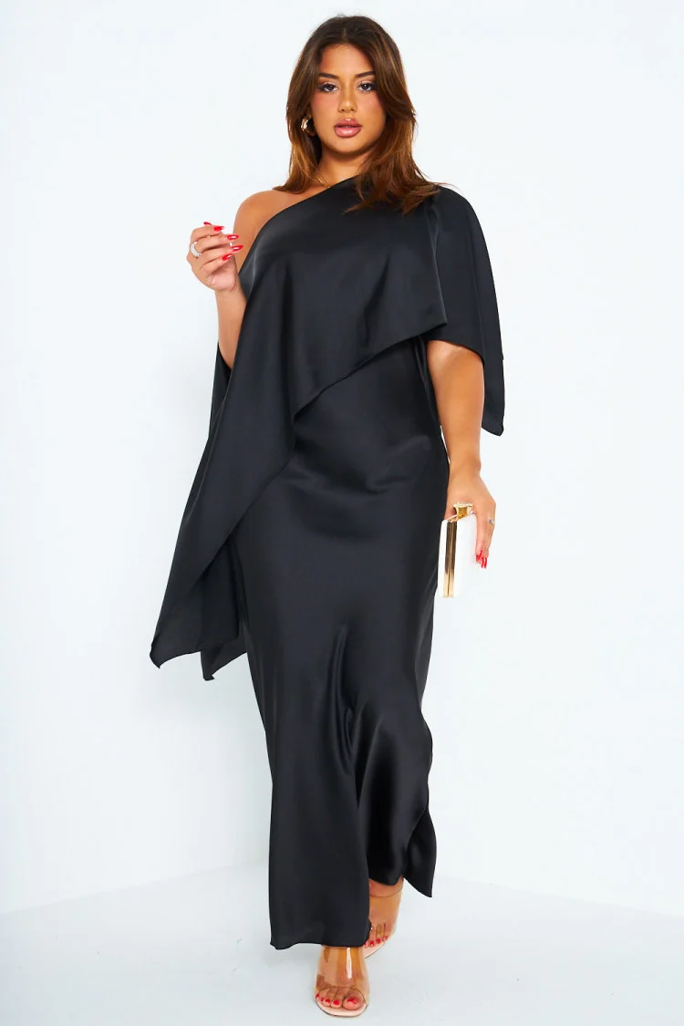 Ensemble 2 pièces robe + poncho satiné noir
