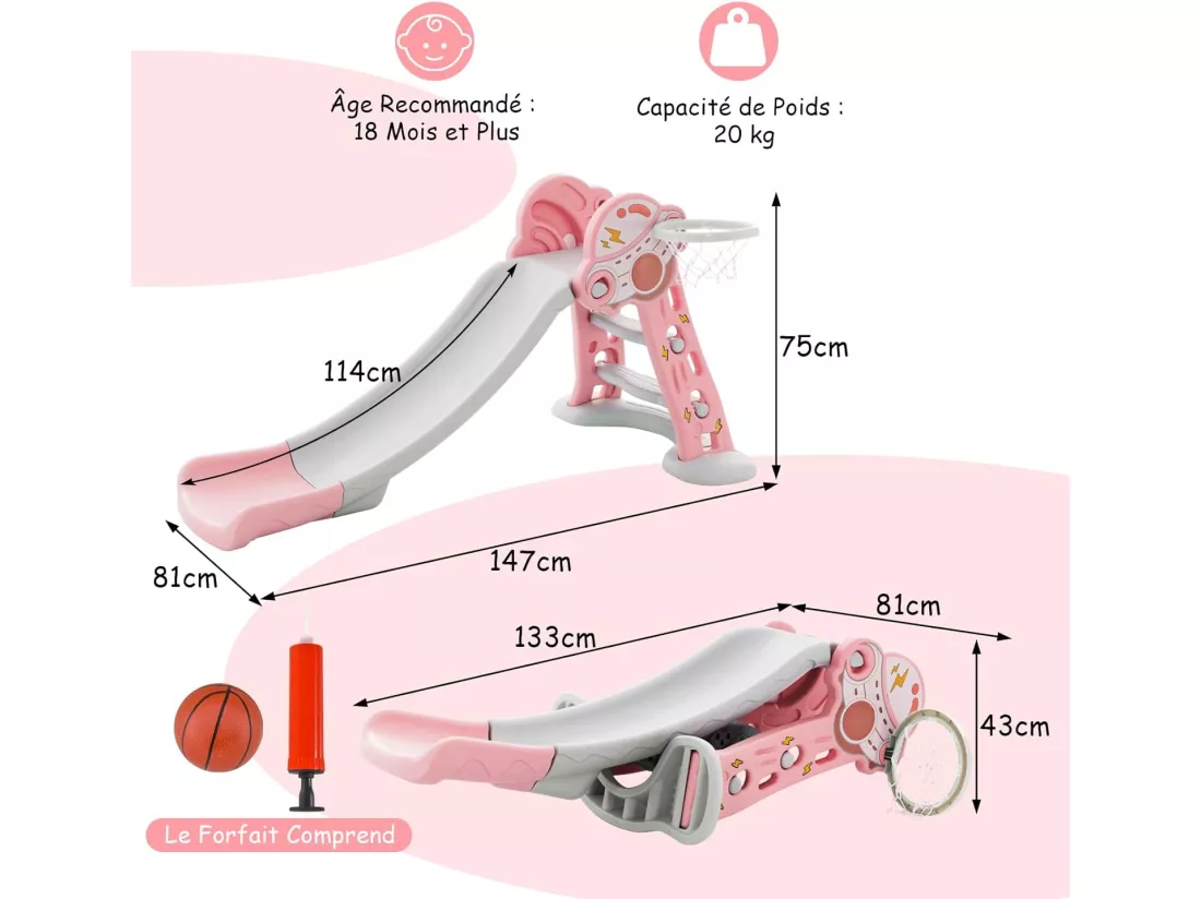 3 en 1 Toboggan Enfant Pliant en HDPE avec Glisse 114cm & Motif UFO, Aire de Jeux Polyvalent Intérieur Extérieur avec Panier de Basket & Ballon, Charge 20kg pour Enfants de 18 Mois+