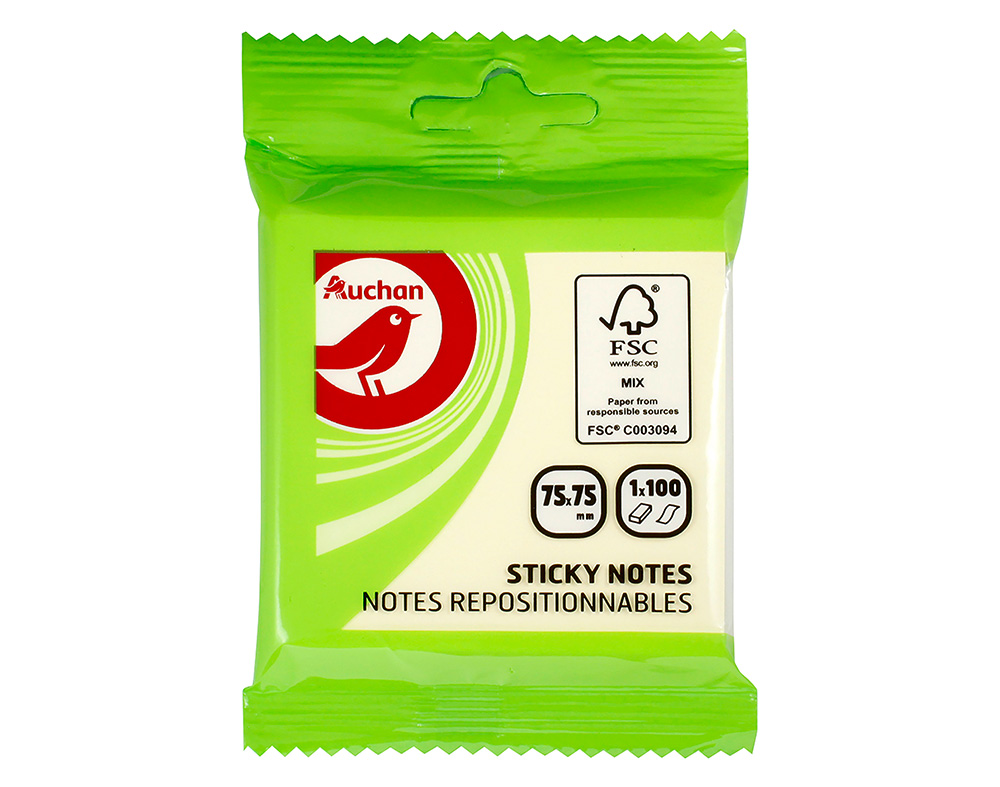 BLOCOS DE NOTAS ADERENTES AUCHAN AMARELO 75X75MM 100 FOLHAS