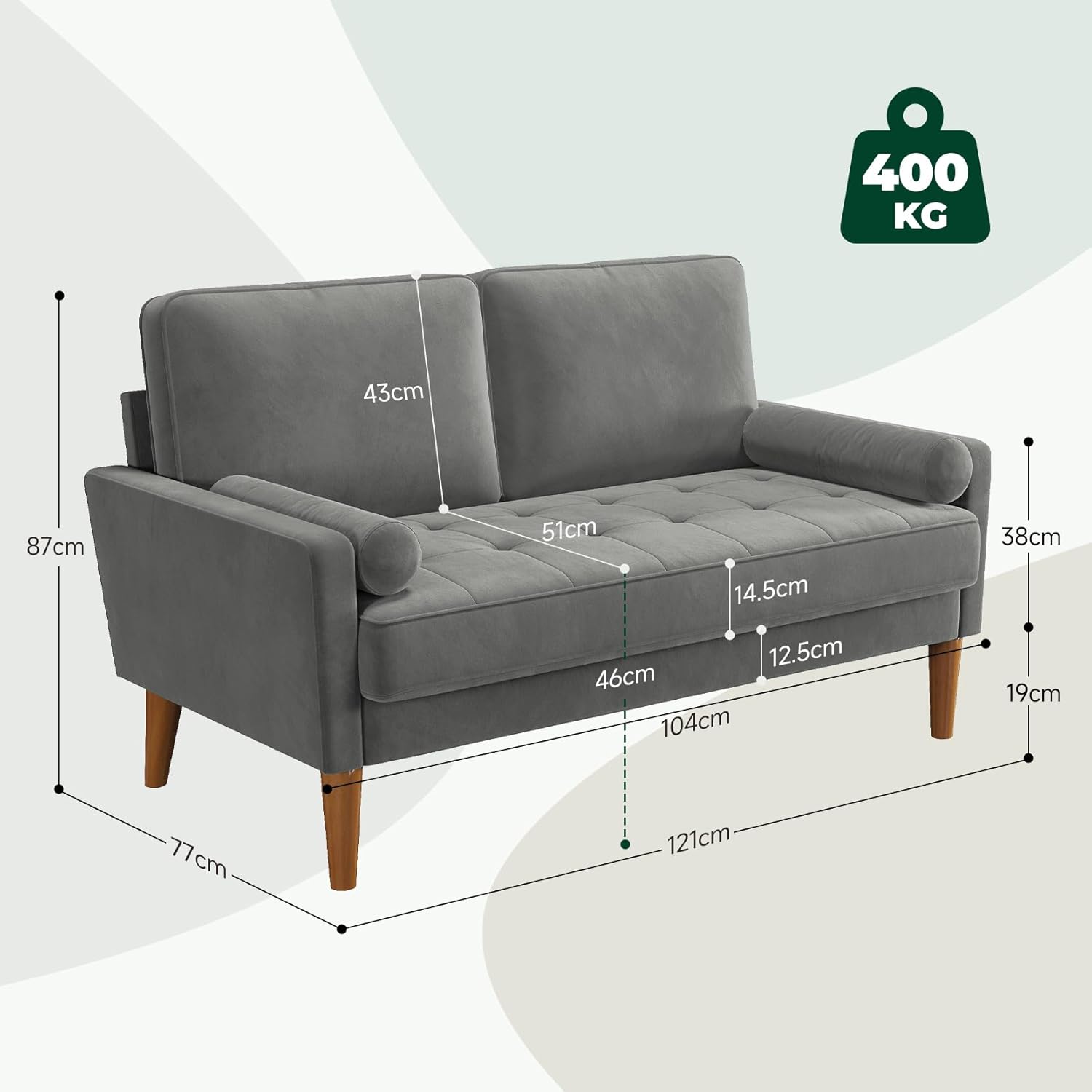 Vesgantti Couch 2 Sitzer, Samt Kleines Sofa mit 2 Wurfkissen, Modern Mini Sofa, Getuftetes Kleine Couch für Wohnzimmer/Schlafzimmer/Büro/Wohnung, 121x 77 x 87cm, Grau