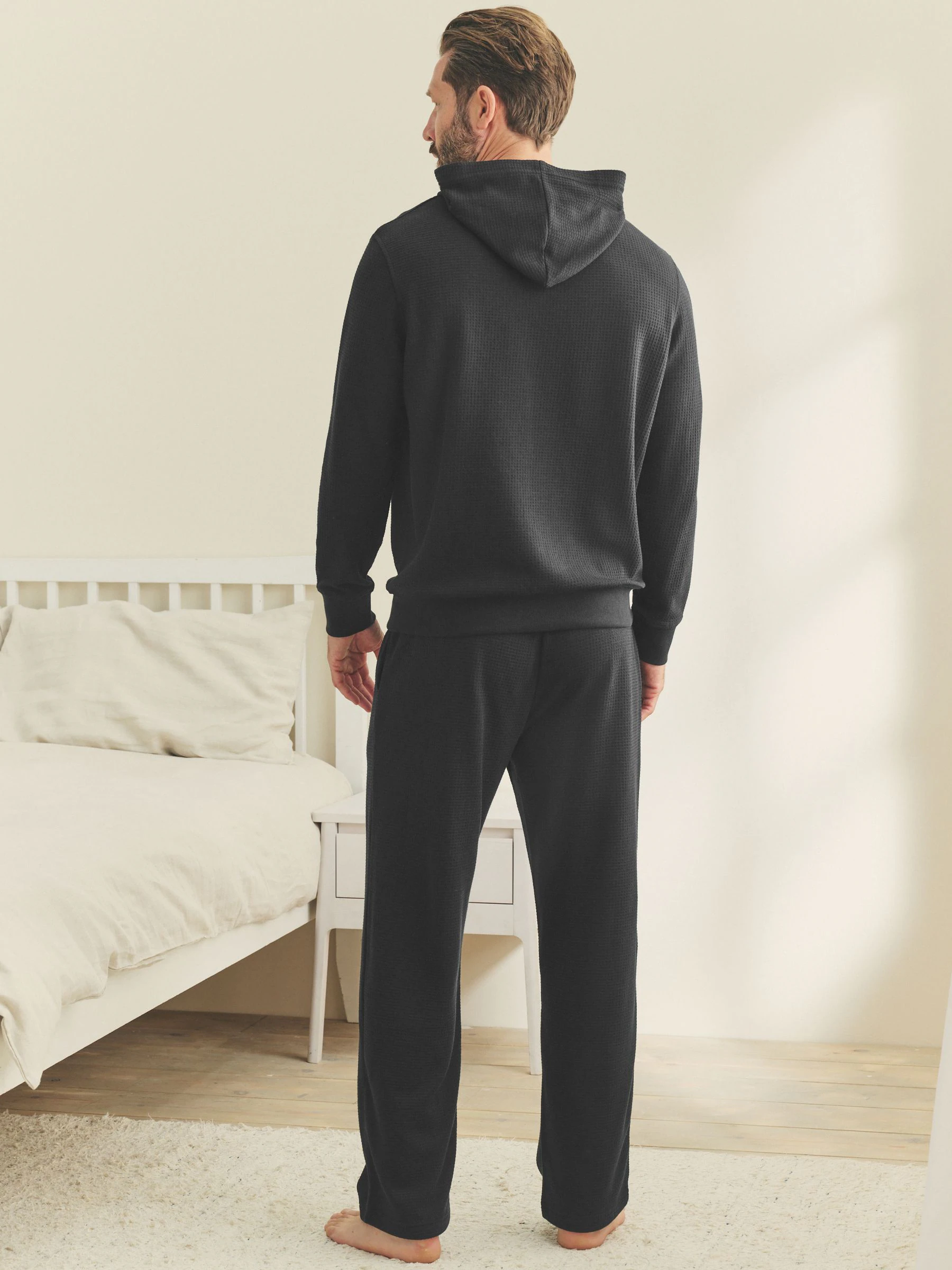 Zwart - Zachte Wafelstof Pyjama's Set met Hoodie