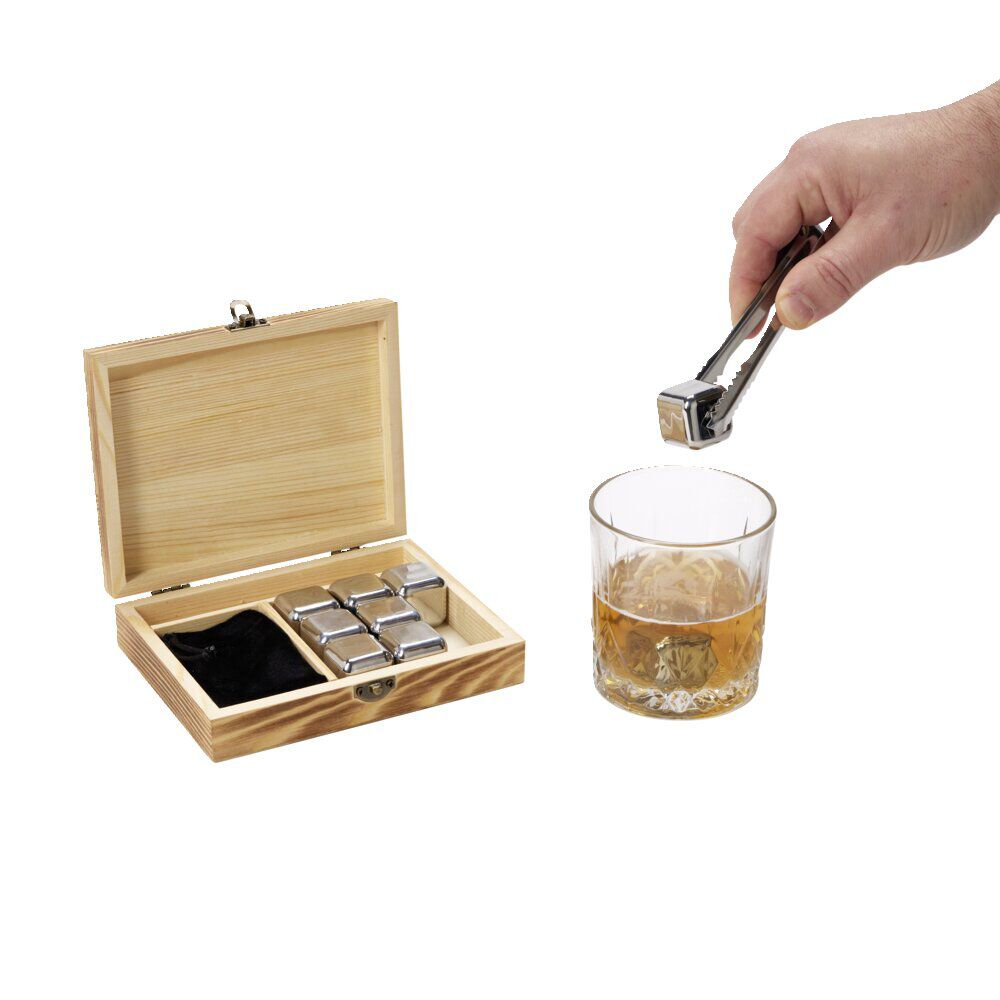 Glaçons en acier avec pince et housse dans coffret en bois