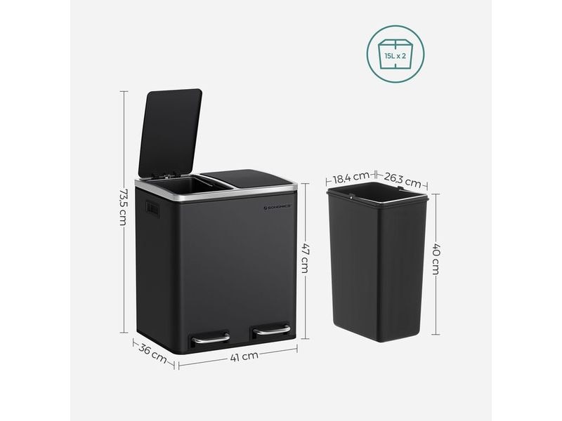 Songmics Abfalleimer 30 l, Schwarz Treteimer mit zwei Fächern
