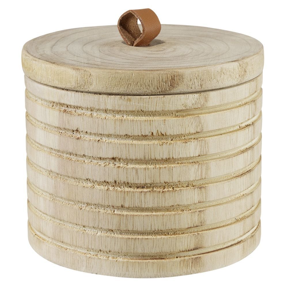 Boîte déco ronde en bois poignée finition simili L15,5xl15,5xH13cm