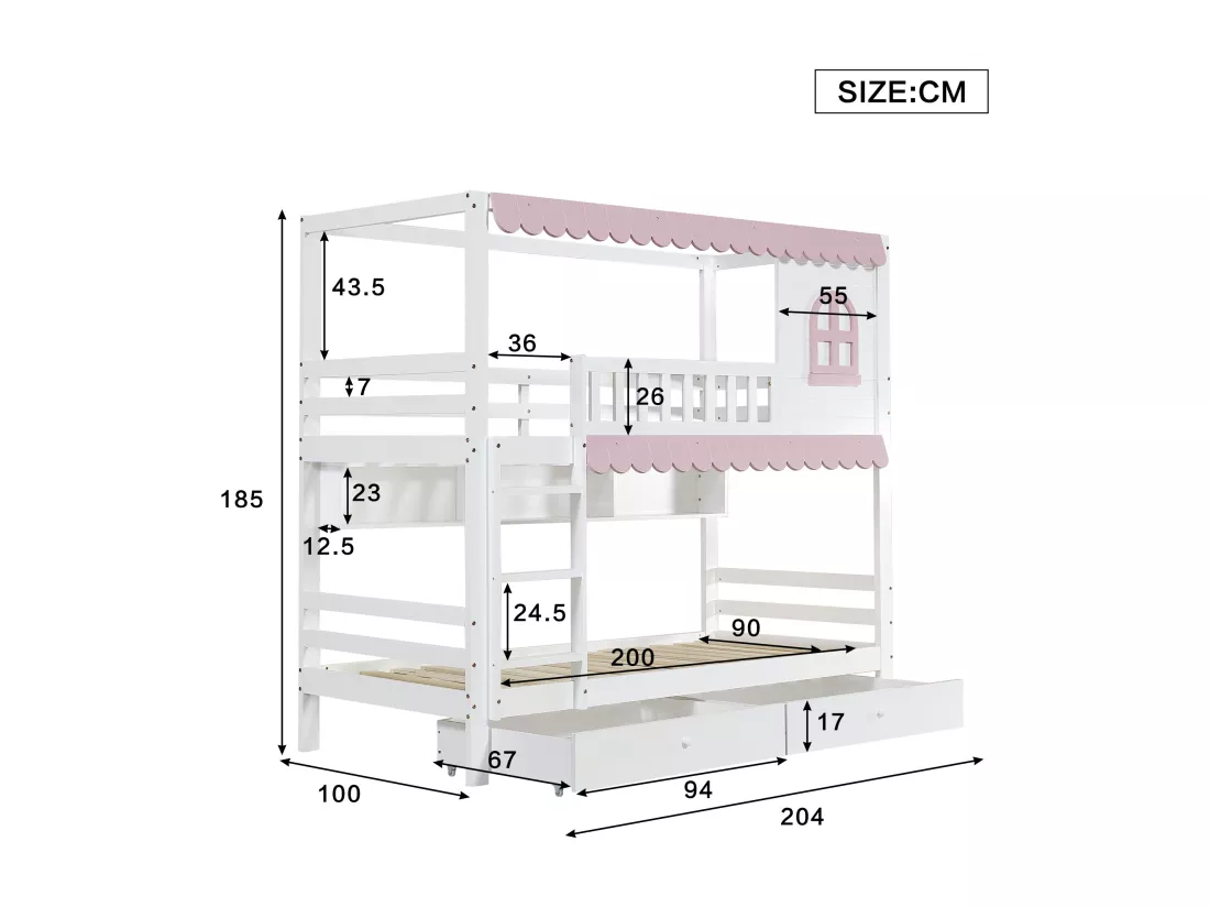 Lit superposé en bois - 90x200 cm - avec 2 tiroirs et étagères - Blanc & Rose (sans rideaux)