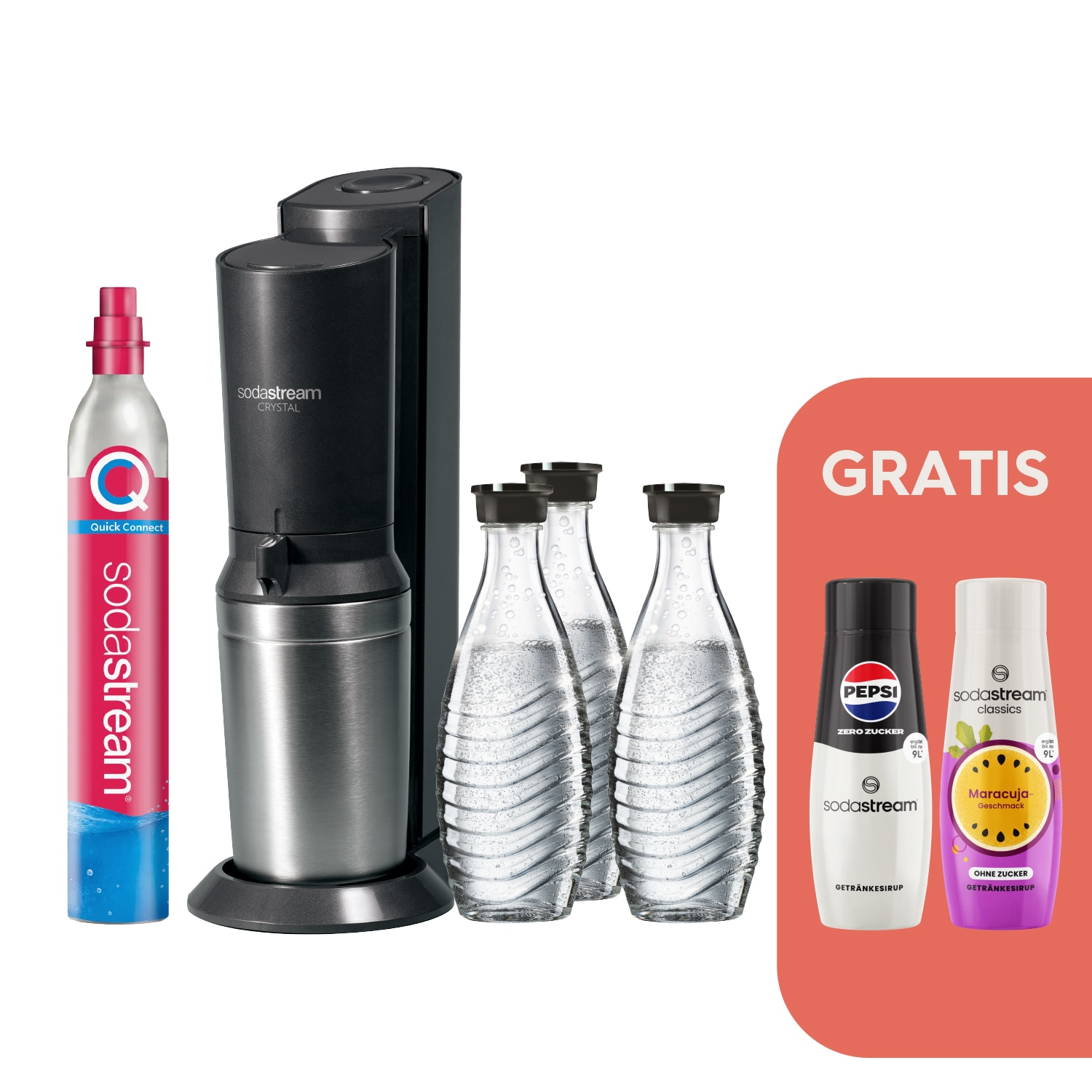 CRYSTAL 3.0 Wassersprudler titan, Bundle inkl. 3x Glasflasche, 1x Sodastream Maracuja ohne Zucker Sirup, 1x Pepsi Zero Zucker Sirup, 1x Quick-Connect Zylinder
