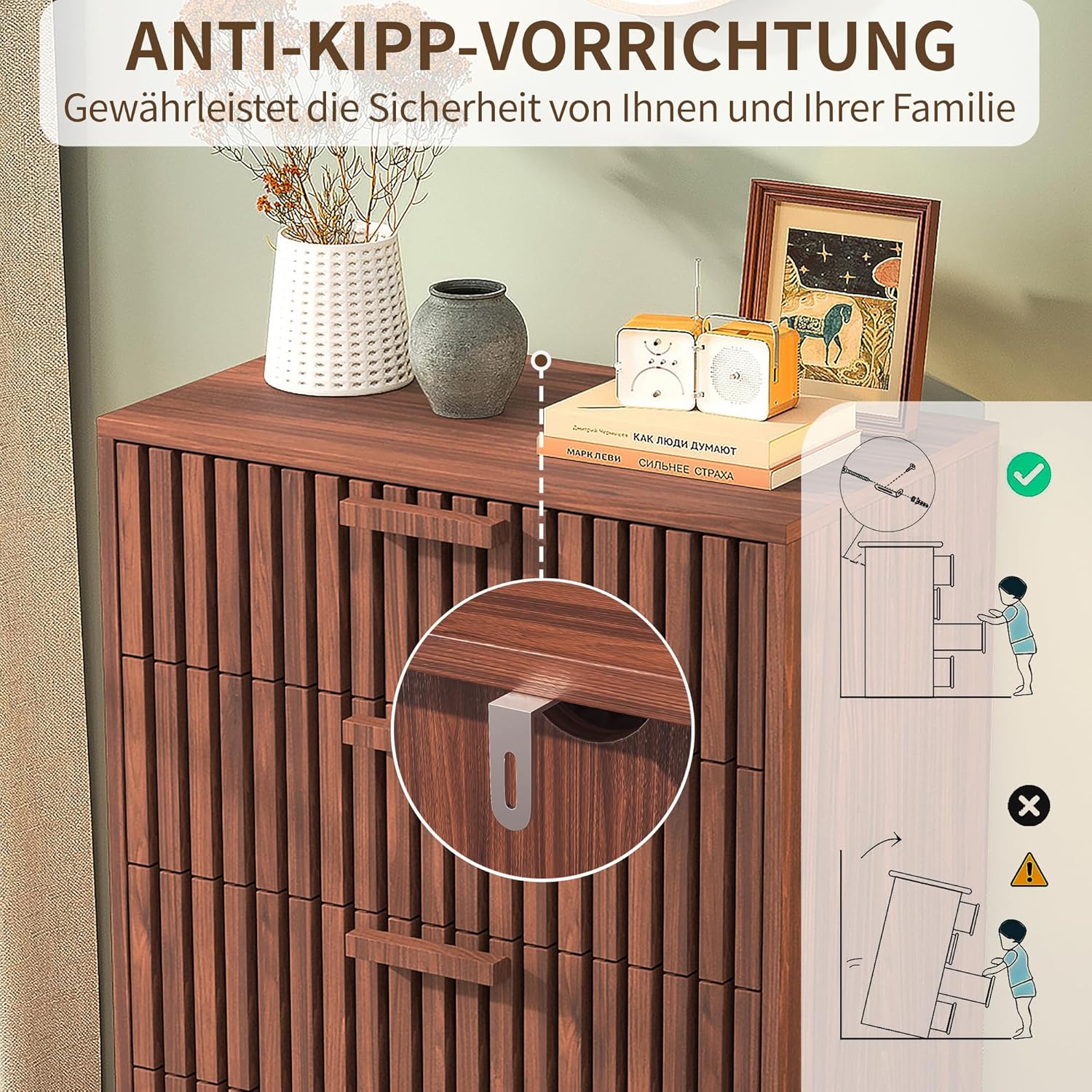 Kommode Mit 4 Schubladen，Kommode mit viel Stauraum Komodenschrank Schubladenkommode Flurschrank Holz für Schlafzimmer Wohnzimmer Flur Büro Organizer (Walnussholzfarbe(4 schubladen))
