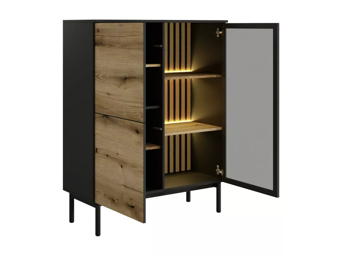 Vitrine 3 portes avec LEDs - Naturel et noir - LABENIA