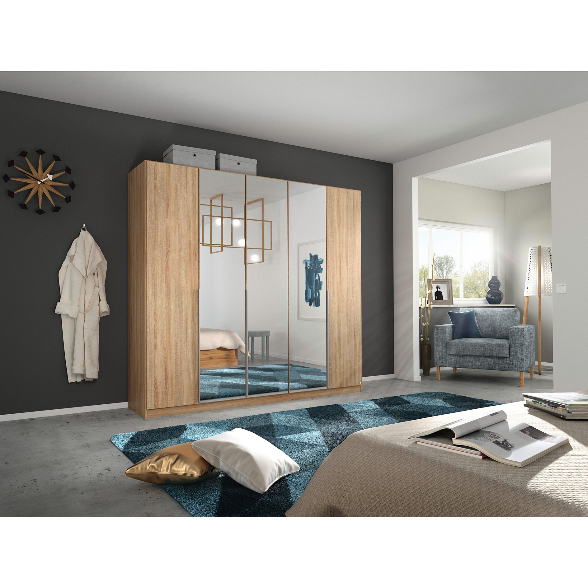 Drehtürenschrank - Sonoma Eiche - Kristallglasspiegel - 5-türig - 226x210 cm