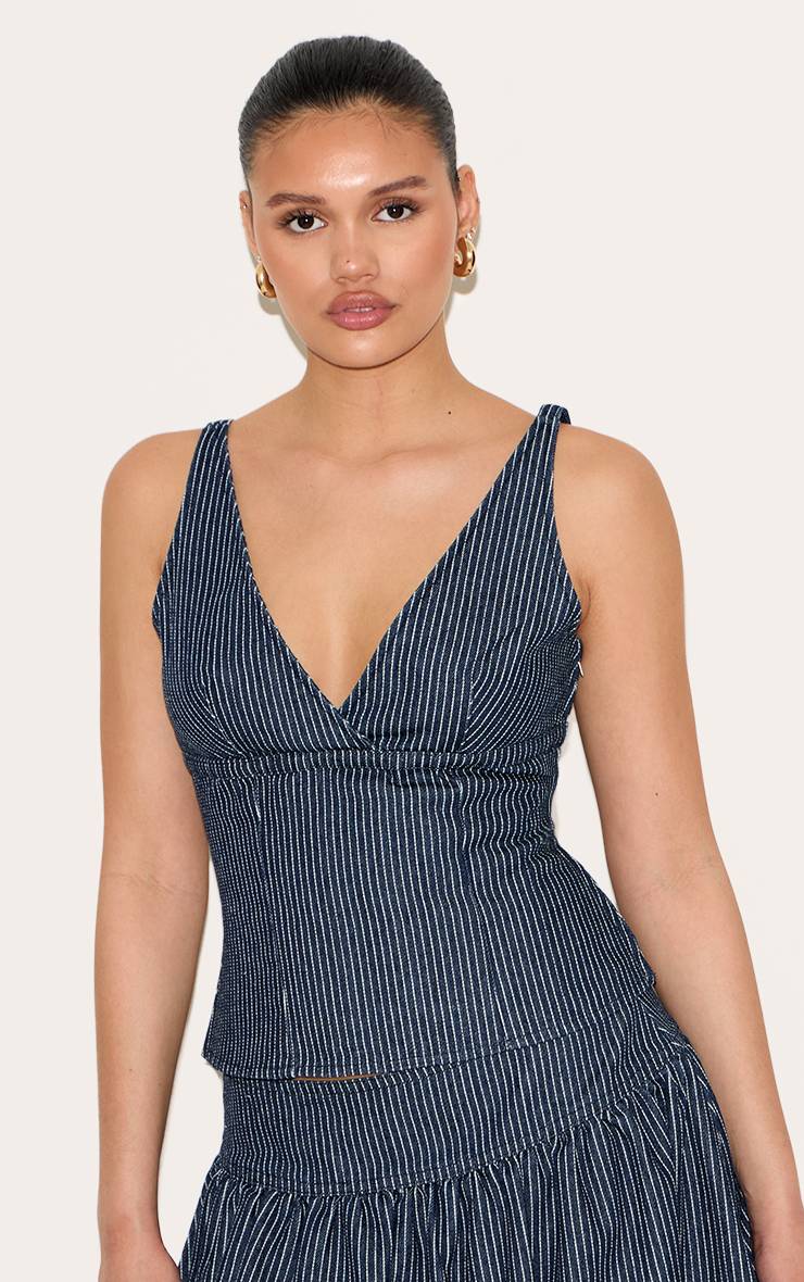 Bleu Marine Haut En Denim À Rayures Fines Et Décolleté Plongeant