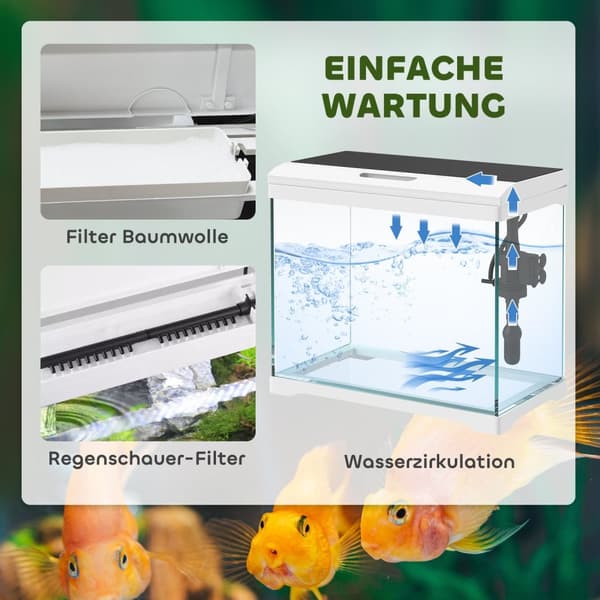 Akvarium med LED-belysning, filtersystem, 17L fisketank, tropisk fiskeakvarium med vannpumpe hvit