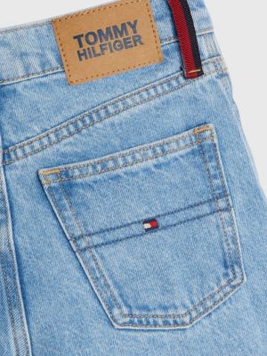 Calça jeans desbotada de perna larga com listras globais