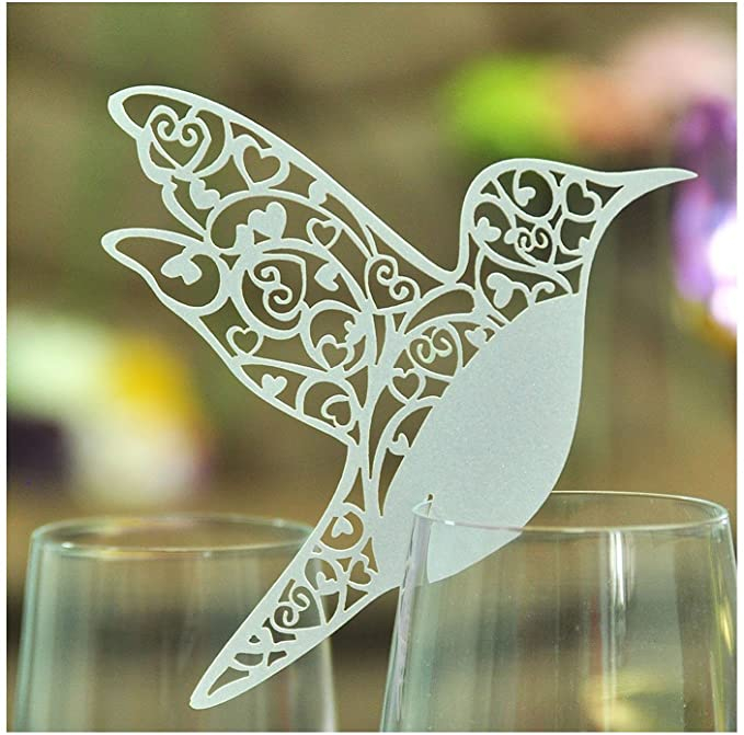(50er Set) 92x115mm Papier Glas Deko Hochzeits Tischkarten Vogel Namenskarten - Weiss