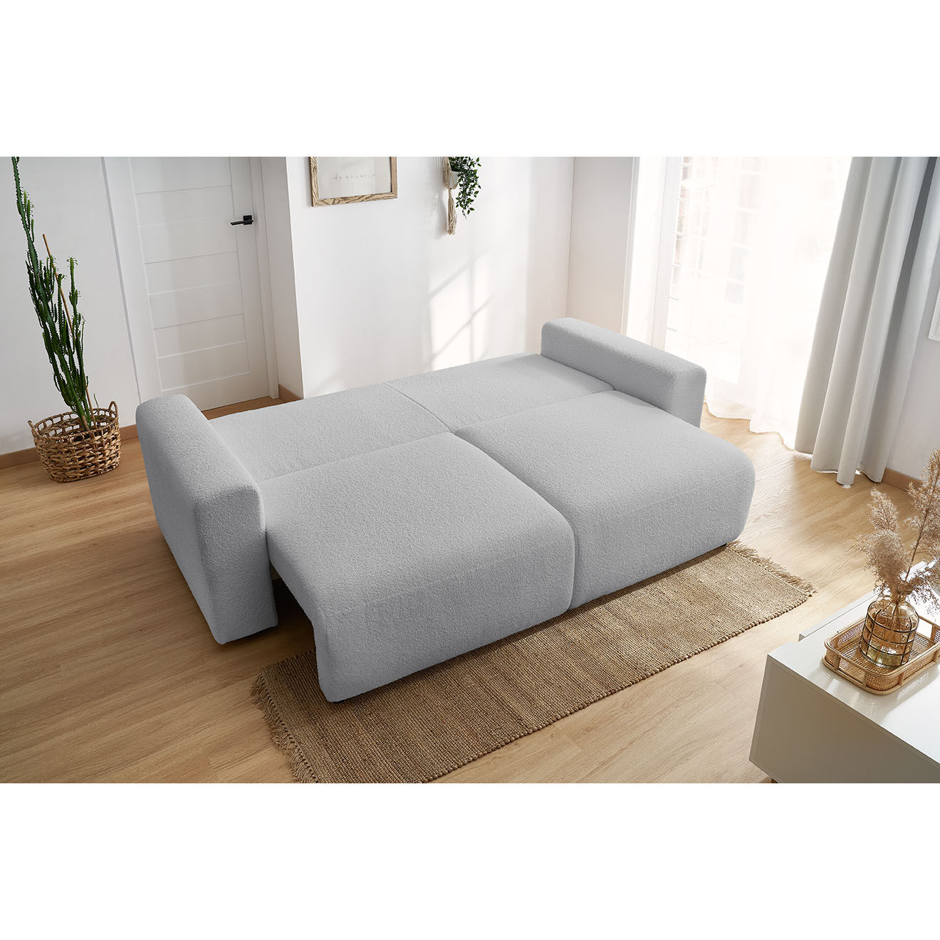 Bobochic Canapé 3 places convertible velours bouclette Envy gris clair - 245x102x88 cm