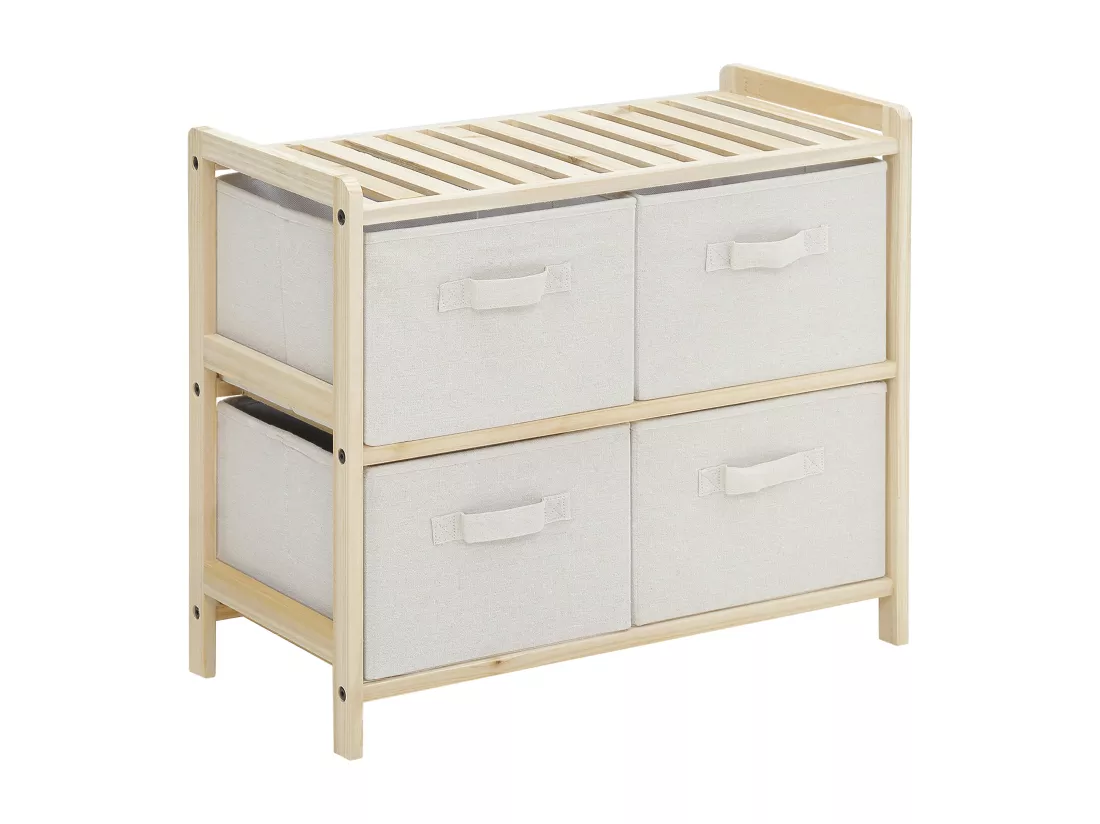 Commode 4 tiroirs tissu polyester beige dim. 59L x 28l x 50H cm bois sapin