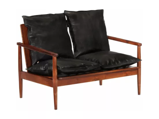 Canapé 2 places noir cuir véritable et bois d'acacia solide
