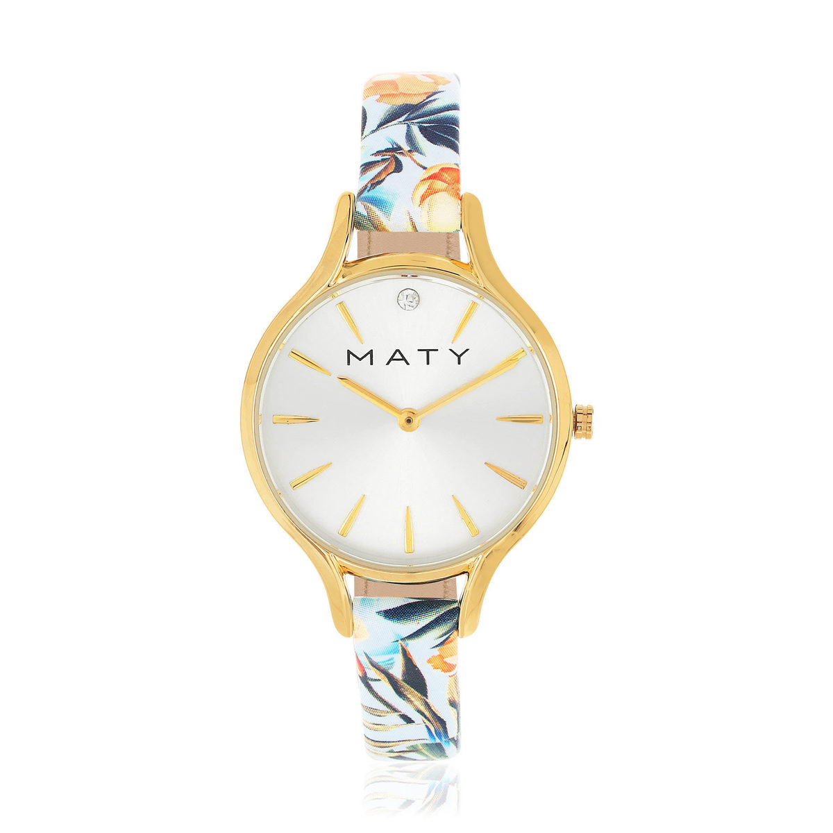 Montre femme dorée jaune bracelet cuir fleurs tropicales