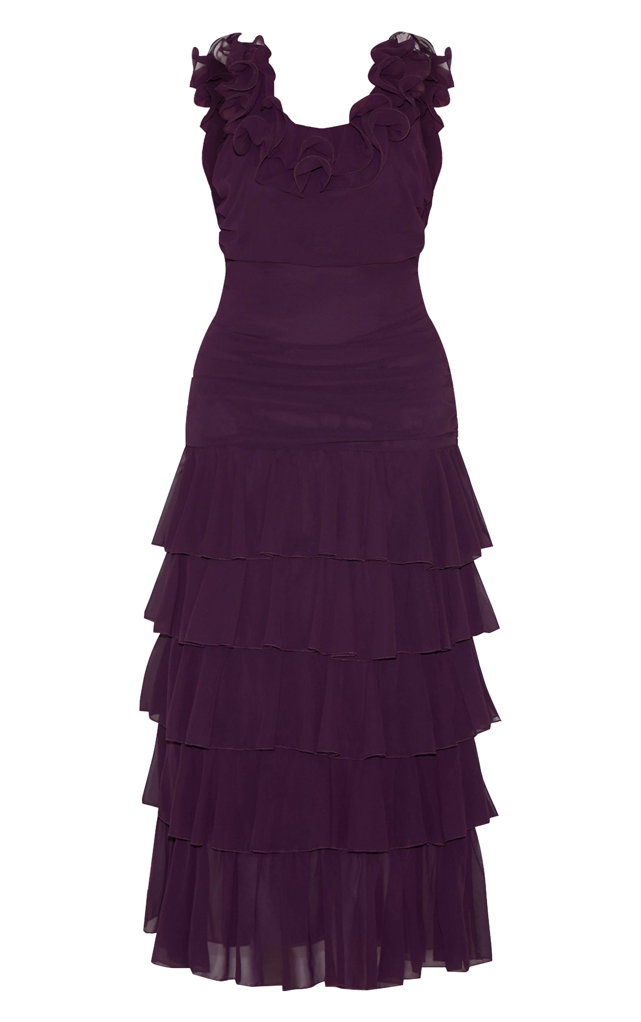 Rouge Vin Robe Maxi Grande Taille En Mousseline Froncée À Volants