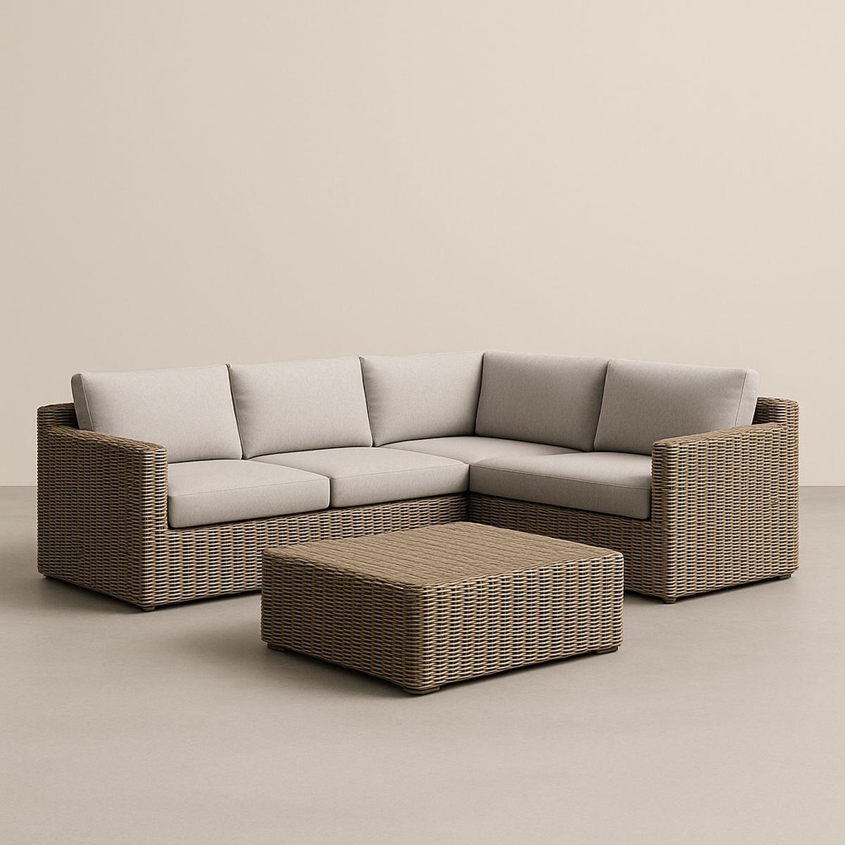 Ecksofa Set aus Kunstfasergeflecht mit Tisch Beige 245 cm x 245 cm