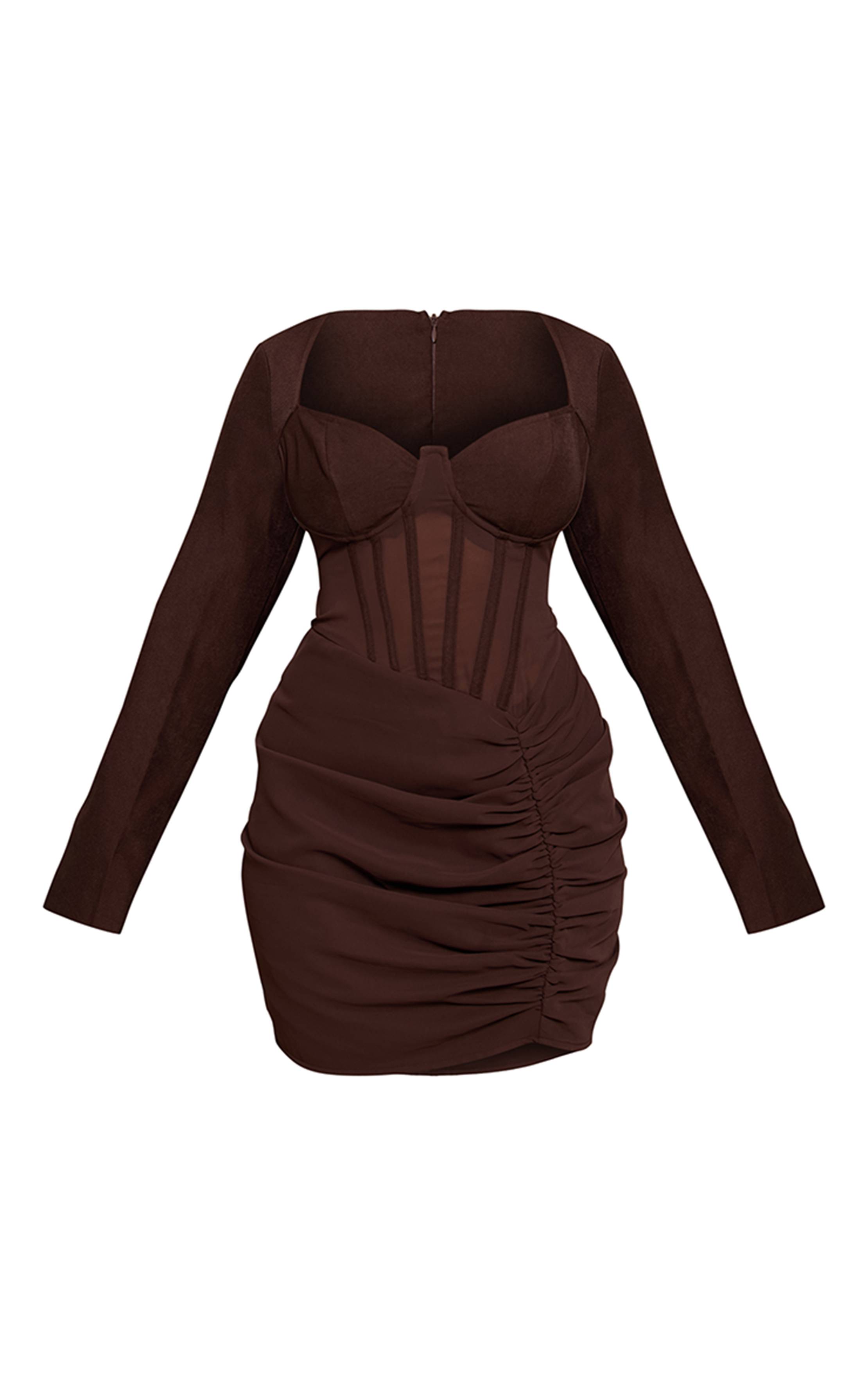Chocolat Robe Moulante Mini À Empiècements Résille Avec Corset Et Fronces Latérales