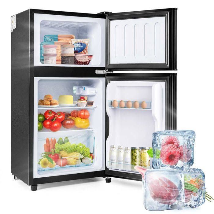 Réfrigérateur avec un volume total de 60 litres (38L+22L), Congélateur, 102 Kwh/An, lumière Led. Noir Premium Classe énergétique E JAERLIUB
