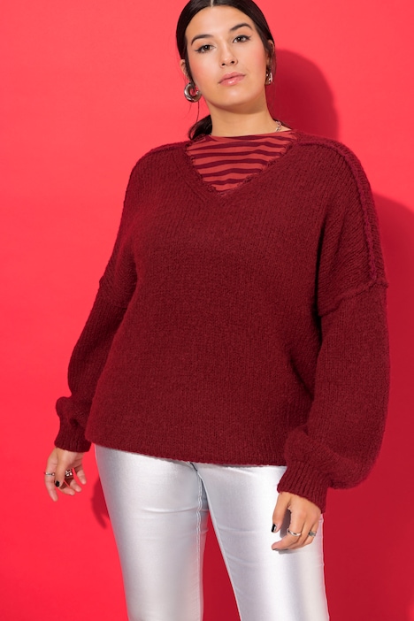 Pullover, V-Ausschnitt mit Spitze, weiter Langarm