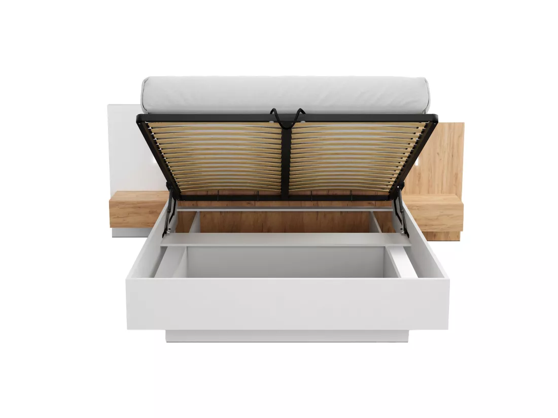 Lit coffre avec chevets 160 x 200 cm - 2 tiroirs - Avec LEDs - Coloris : Blanc et naturel + Matelas - FRANCOLI