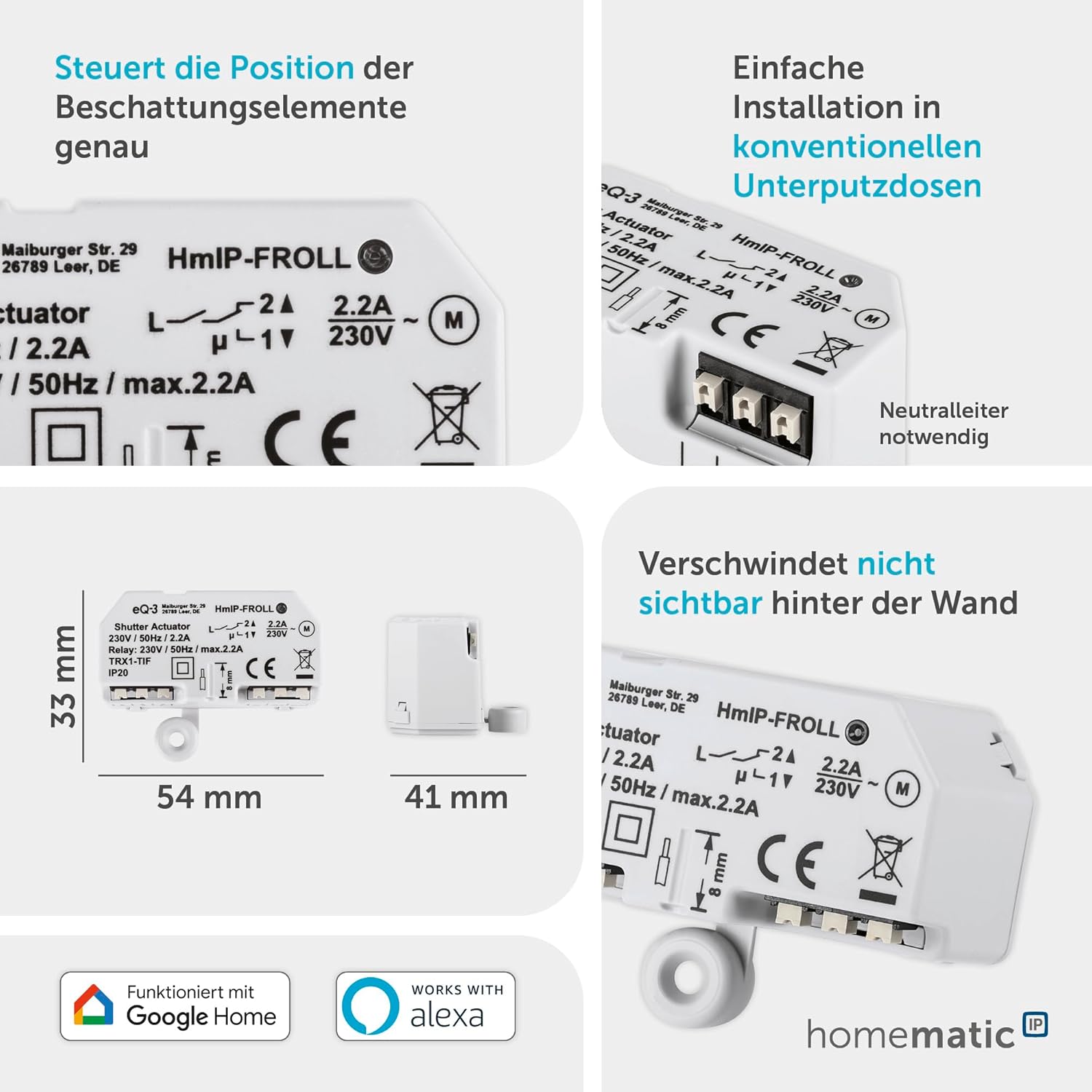 Homematic IP Smart Home Rollladenaktor – Unterputz, Packung mit 5, Digitale Steuerung für 5 Rollläden per App, Alexa &  Assistant, elektrische Rolladen smart nachrüsten, 151347A0