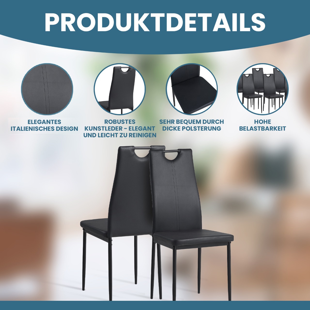 Albatros Esszimmerstühle SALERNO 4er Set, Schwarz -Edles Italienisches Design, Polsterstuhl Kunstleder-Bezug, Modern und Stilvoll am Esstisch - Küchenstuhl, Stuhl Esszimmer hohe Belastbarkei