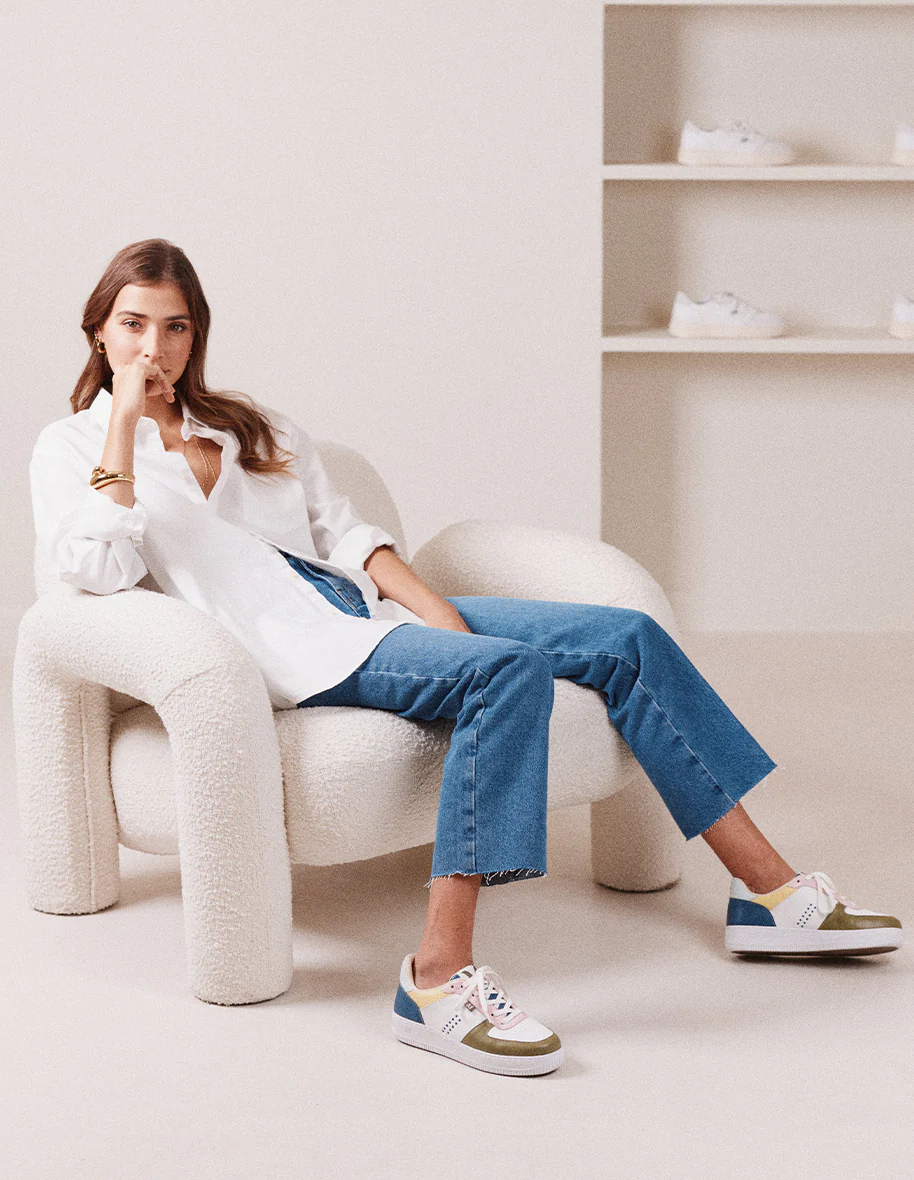 Baskets basses Maxence F - Cuir olive blanc rose clair