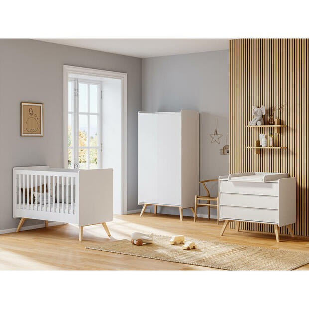 Chambre trio lit 60x120 cm + Commode + Armoire 2 portes Vintage - Blanc/chêne - VOX