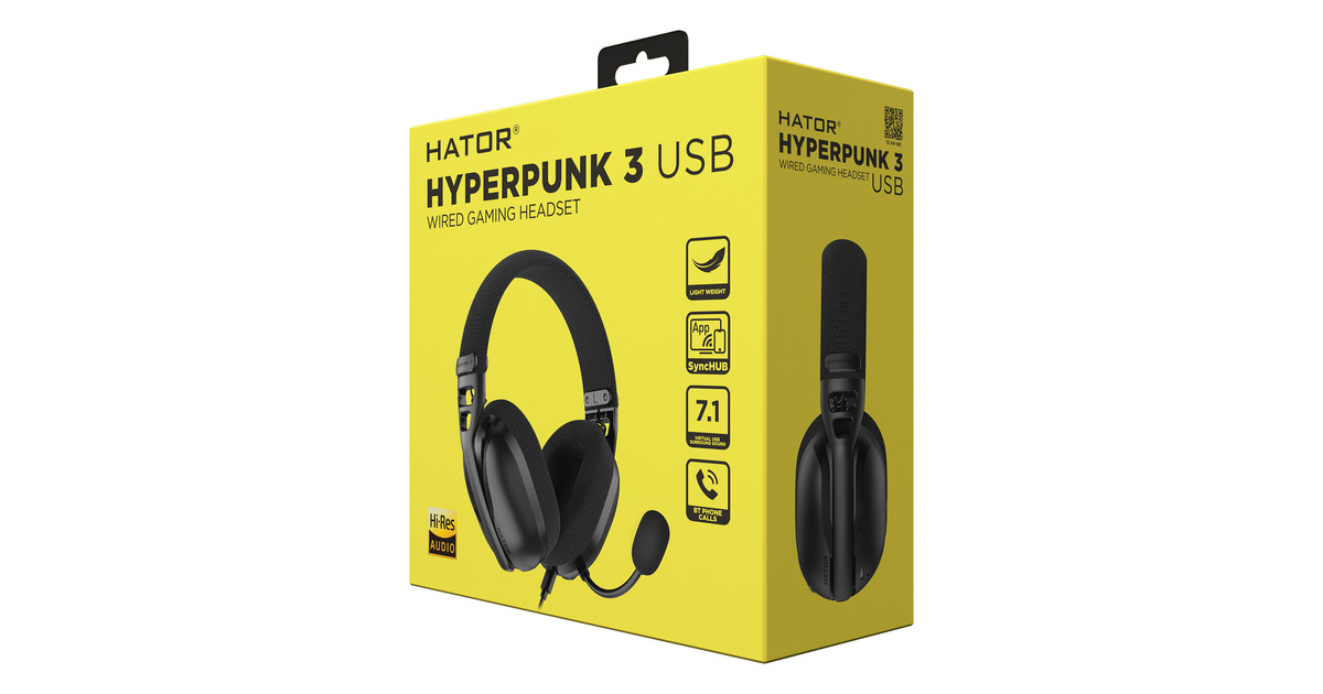 HatorHyperpunk 3 USB over-ear gaming headset  (Zwart, Virtual 7.1 Surround Sound, USB-A / USB-C / Bluetooth)