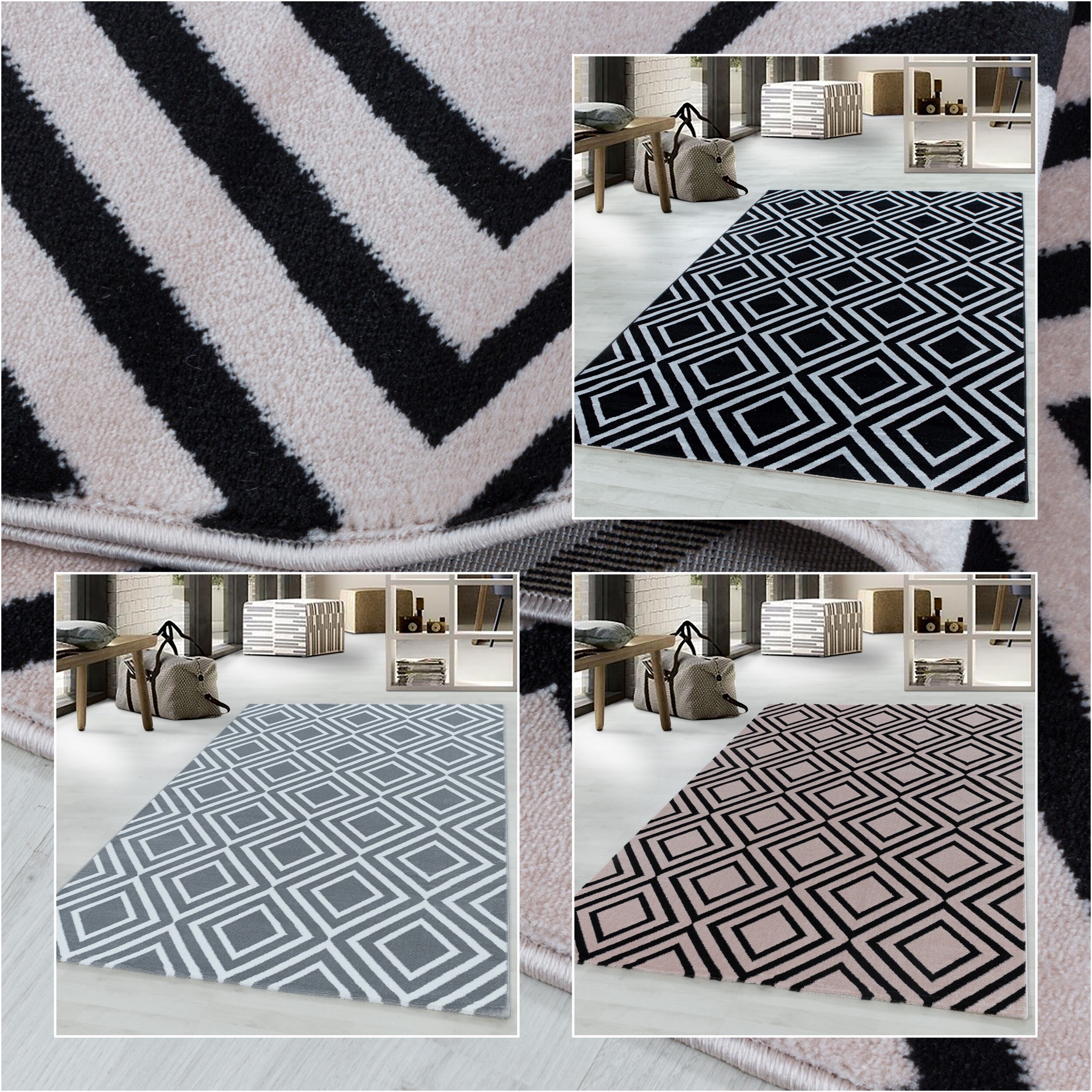 Moderner Kurzflor-Teppich im Rauten-Design Pflegeleicht ideal für das Wohnzimmer