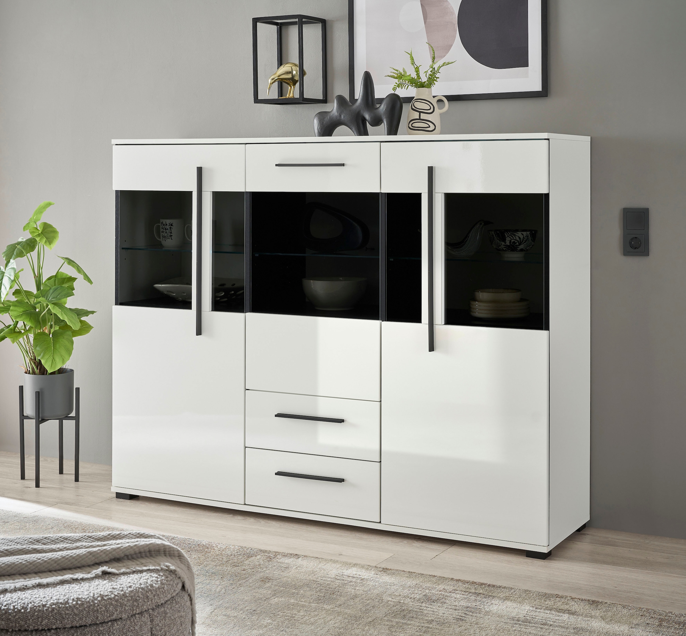 INOSIGN Highboard »Cantara, moderner Schrank, Vitrine in Eiche Dekor oder weiss« schwarze Stangengriffe, ausreichend Stauraum, vielseitig einsetzbar