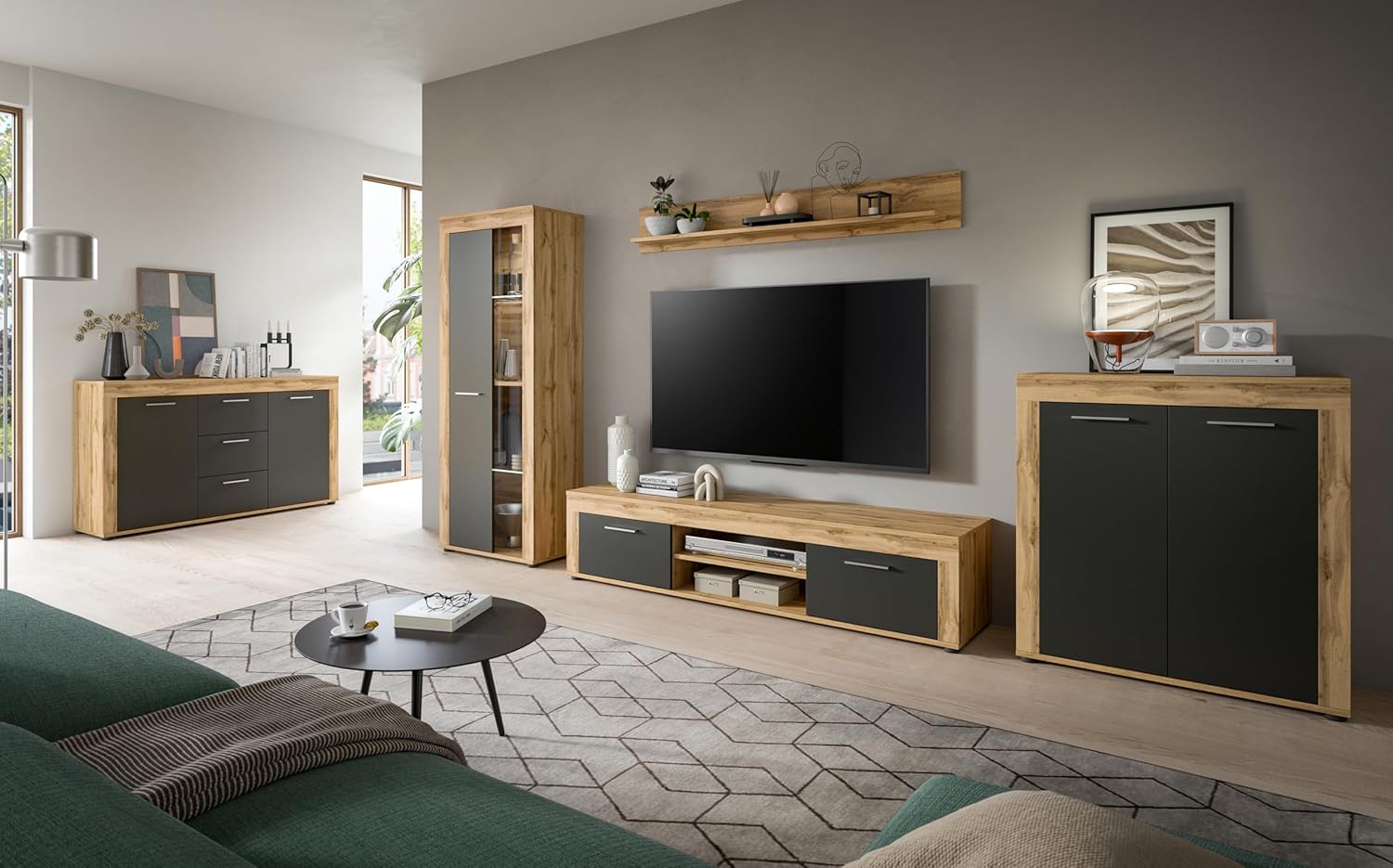 xonox.home Wohnzimmer Jam Highboard Hochkommode Wohnzimmerschrank Hochschrank Anrichte in Front grau Nb. Korpus/Absetzung Wotan Eiche Nb., ca.80x88x35 cm